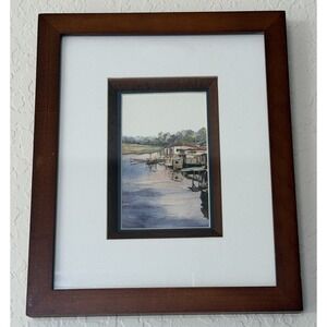 Watercolor Painting Original Art Lopez Baylon Signed Framed Landscape Boat Dock